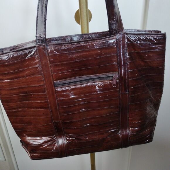 Vintage 100% Eel Skin Large Tote Bag Purse Top Handle Brown 13x13x5 Made Korea - Picture 1 of 11